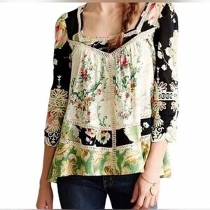 Anthropologie Vanessa Virginia Prateria Floral Embroidered 3/4 Sleeve Tunic Top